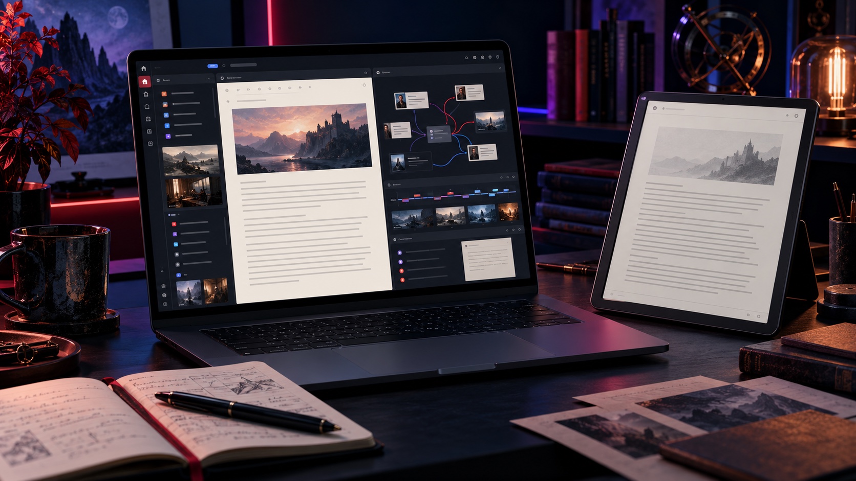 Concept interface for a Webbivo writing product showing story notes and drafting tools
